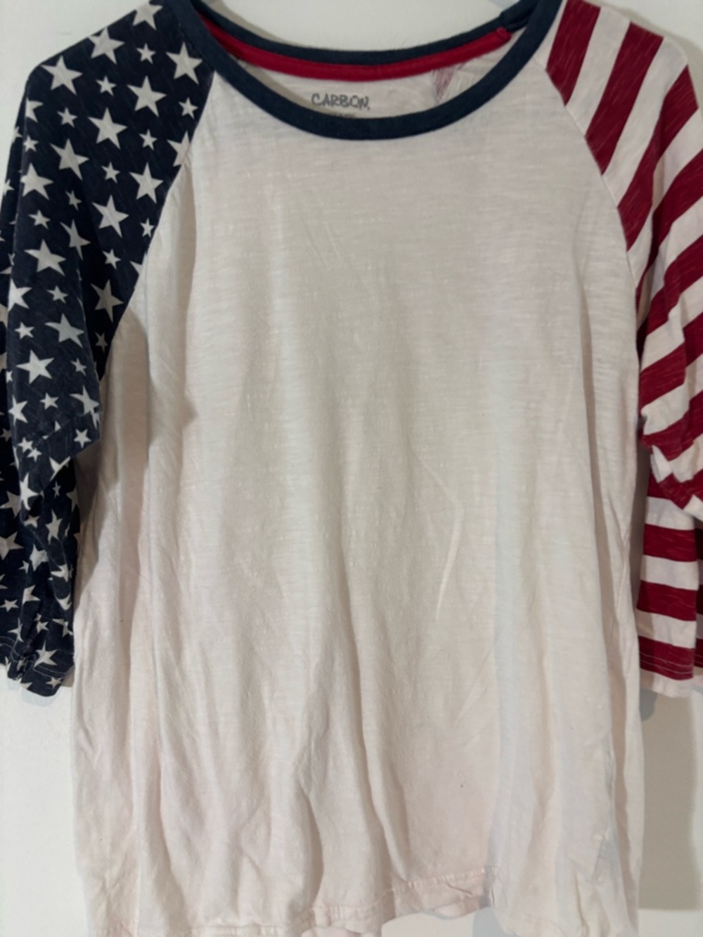 Carbon Women Medium American Flag Raglan Shirt White Red Blue Sleeves Patriotic - Picture 2 of 5